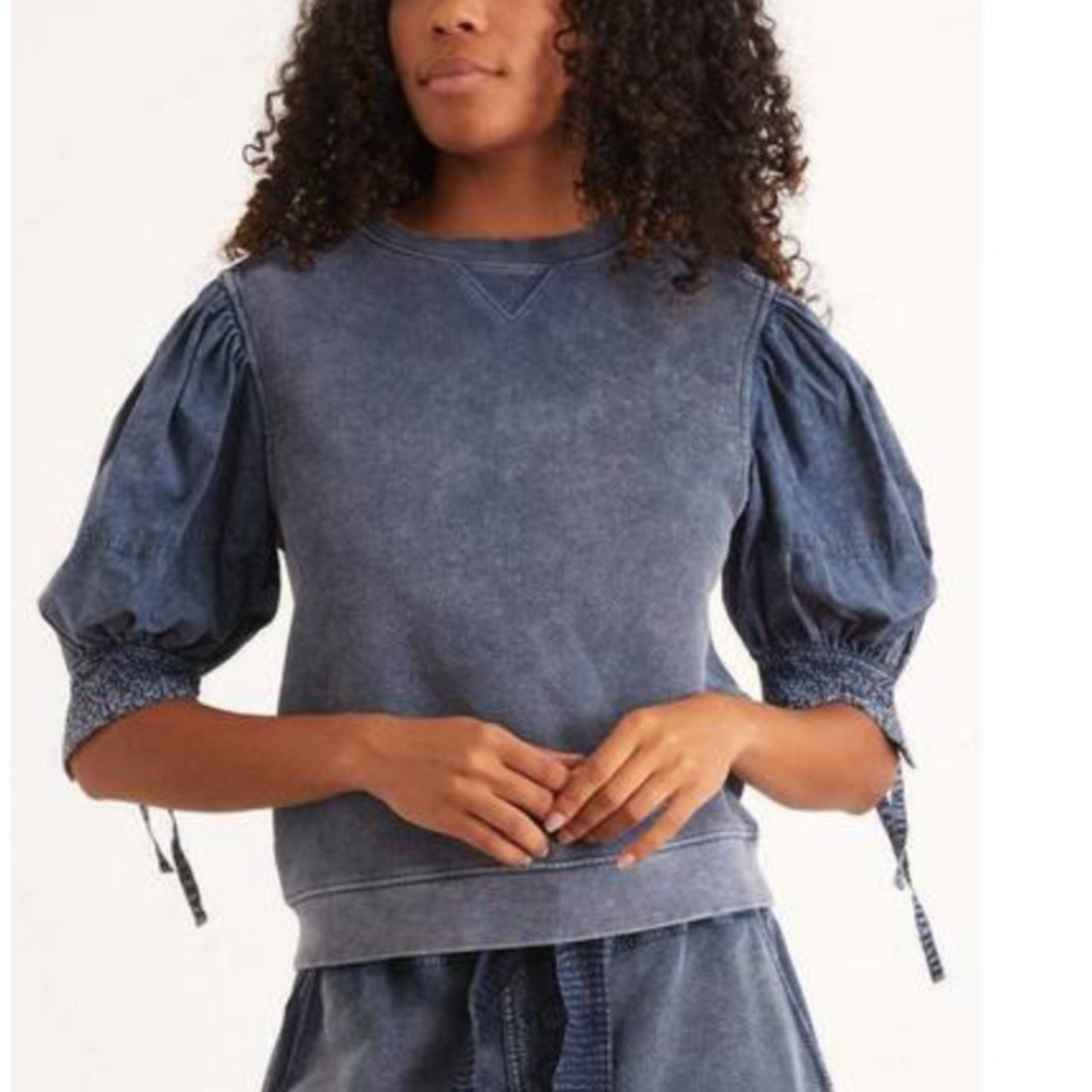Ulla Johnson Freya top sweatshirt tie puff sleeve indigo acid wash
